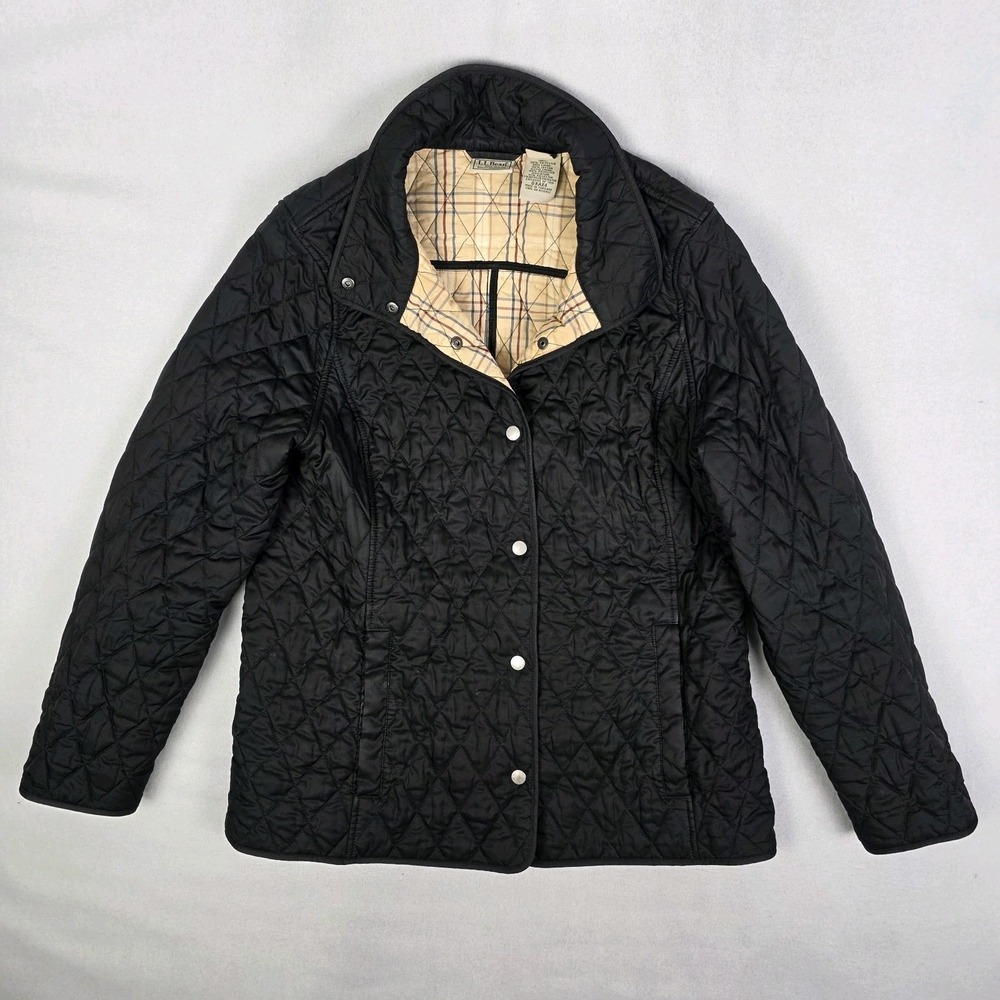 LL Bean Quilted Jacket Womens Medium Black Check Plaid Lined Snap Button